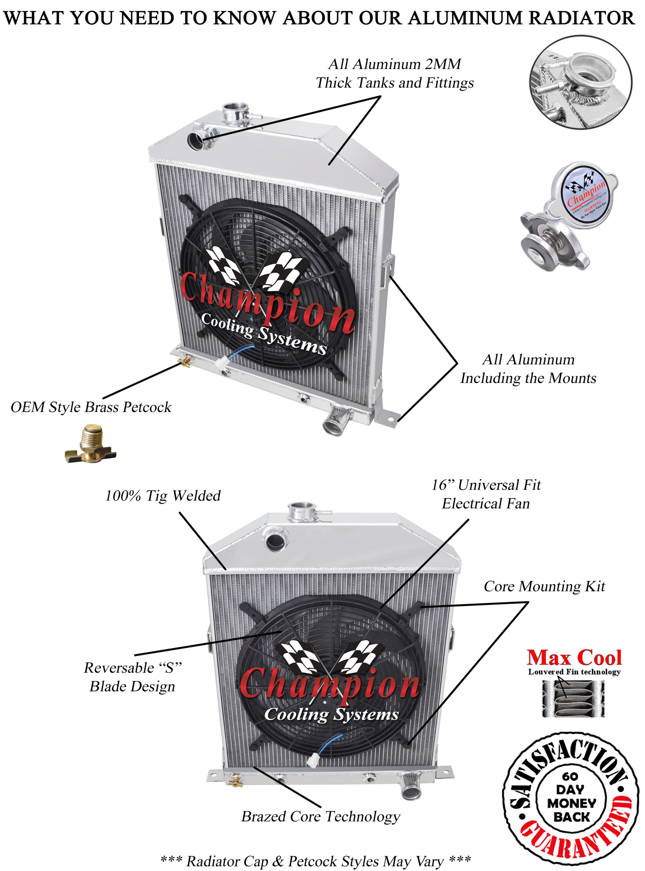 2 Row 1" AAR Champion Radiator, 16" Fan for 1942 - 1948 Ford Coupe Chevy Config