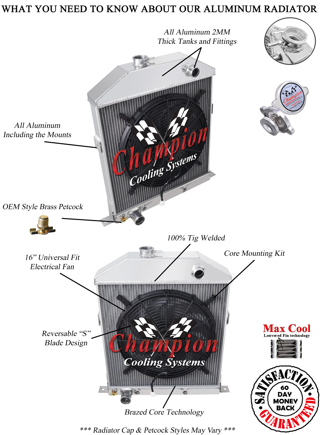 3 Row WR Champion Radiator W/ 16" Fan for 1942 - 1948 Ford Coupe Ford Config