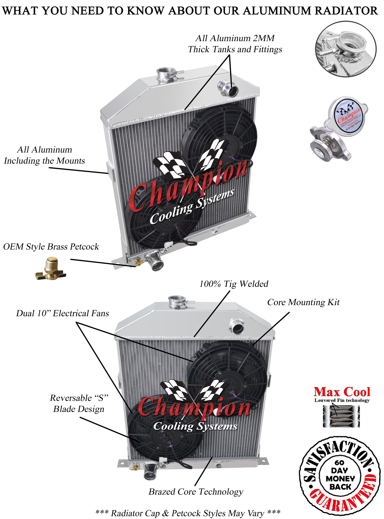 1942 - 1948 Ford Coupe 2 Row 1" Advanced Radiator w/ 2 10" fans Ford Config