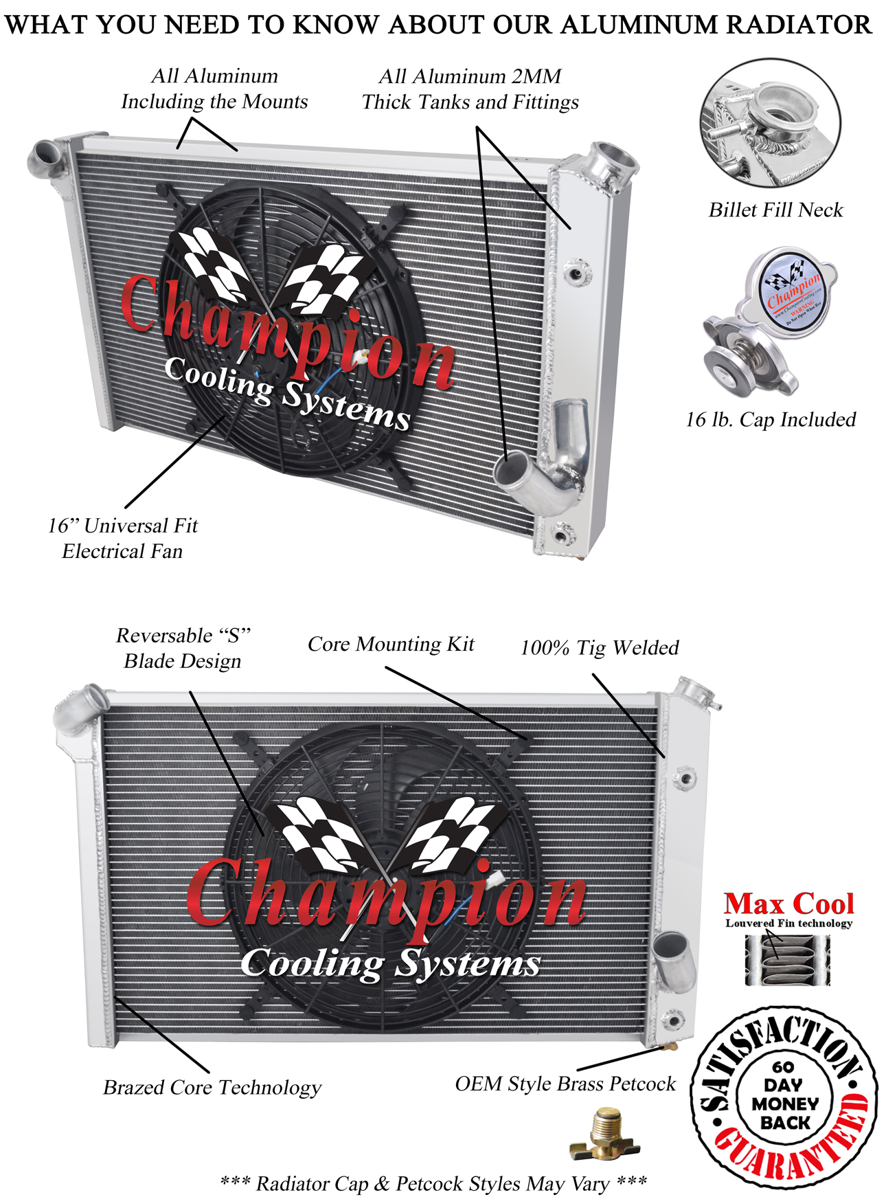 SR Champion 3 Row Radiator, 16" Fan for 1973 - 1976 Chevrolet Corvette V8 Engine