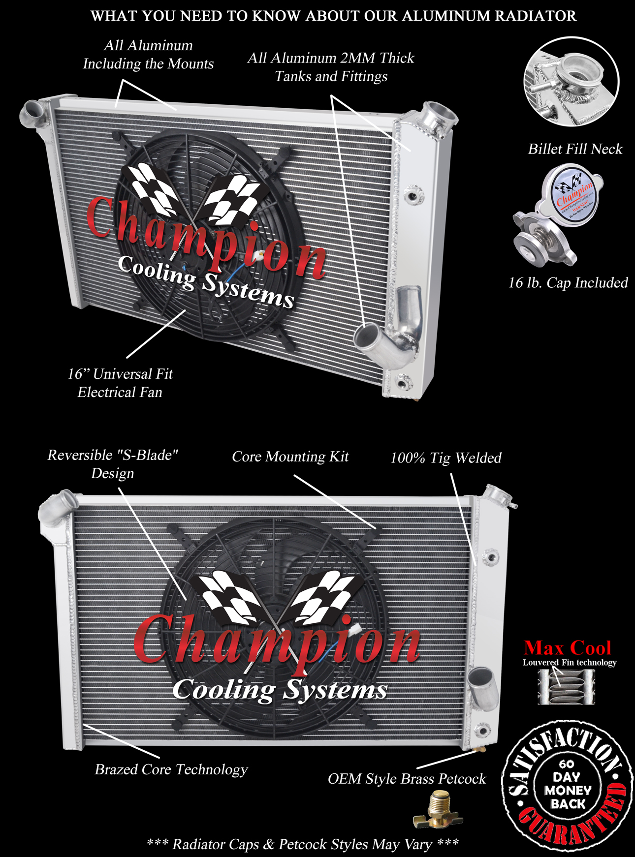 RN Champion 4 Row Radiator, 16" Fan for 1973 - 1976 Chevrolet Corvette V8 Engine