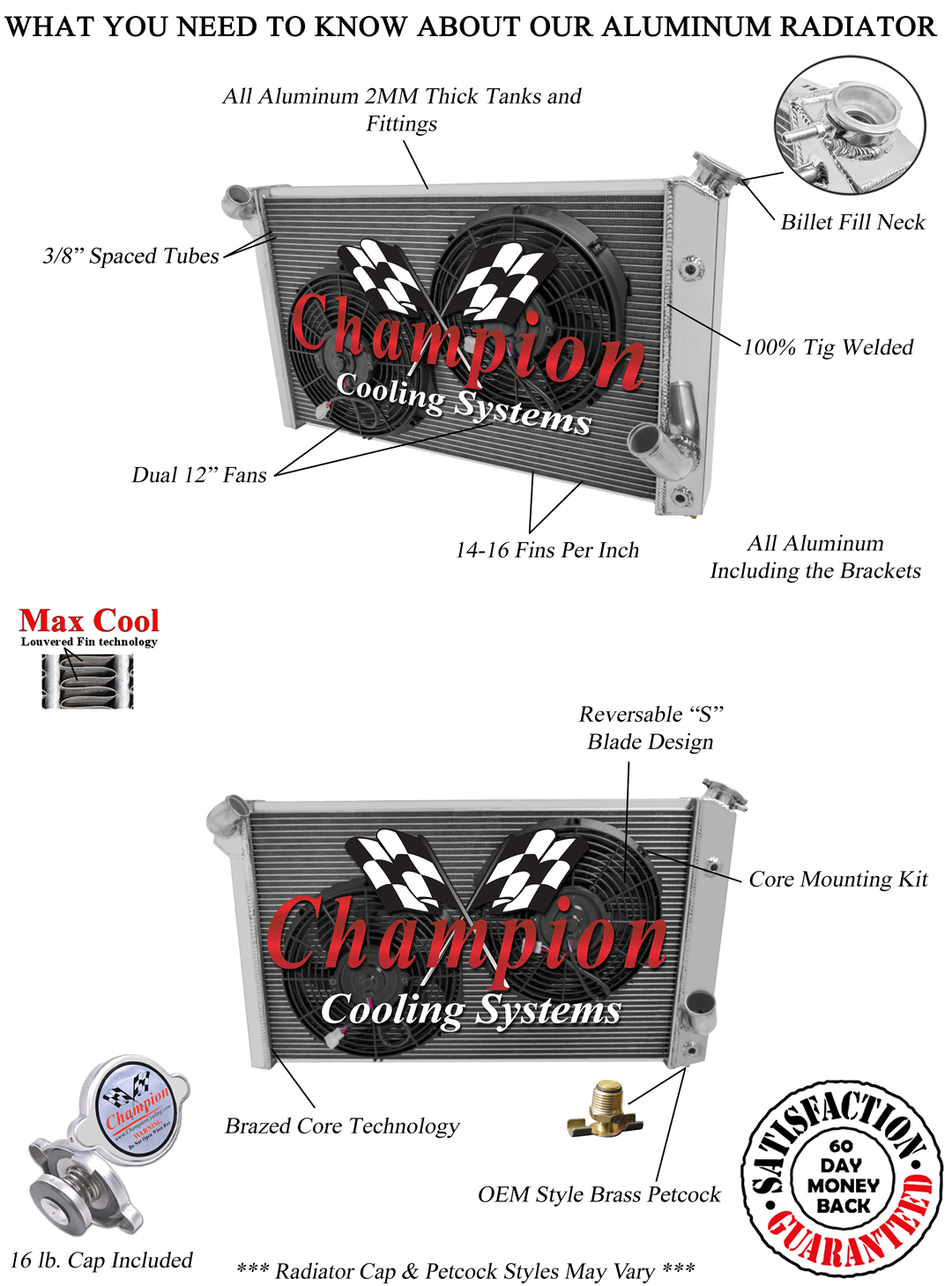 SR Champion 3 Row Radiator,12" Fans for 1973 - 1976 Chevrolet Corvette V8 Engine