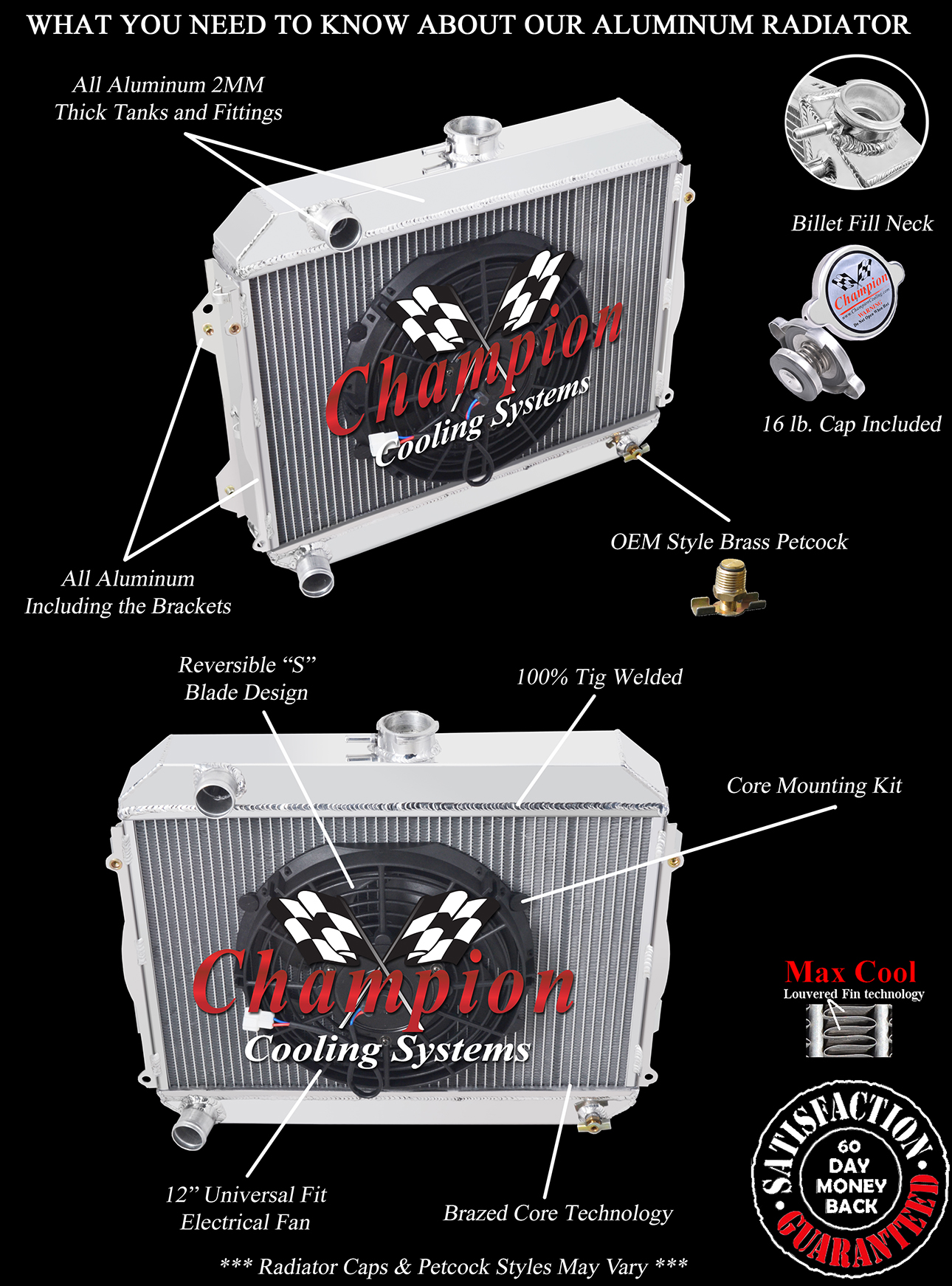QR Champion 3 Row Radiator W/ 12" Fan for 1975 - 1979 Toyota Corolla #CC482 QR Champion 3 Row Radiator W/ 12" Fan for 1975 - 1979 Toyota Corolla #CC482