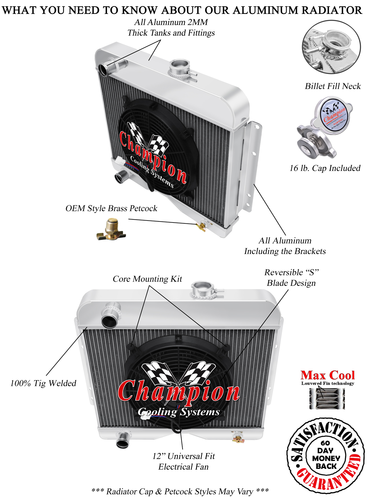 Rockin Champion 3 Row All Aluminum Radiator W/ 12" Fan for 1946 - 1964 Willys Rockin Champion 3 Row All Aluminum Radiator W/ 12" Fan for 1946 - 1964 Willys