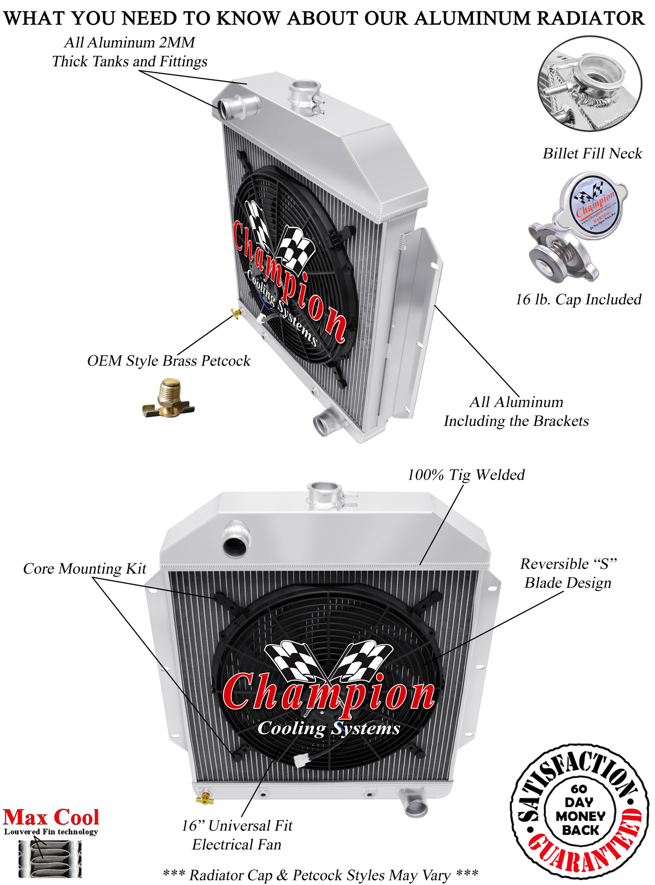 3 Row DR Champion Radiator W/ 16" Fan for 1949 - 1953 Ford Cars Chevy Engine