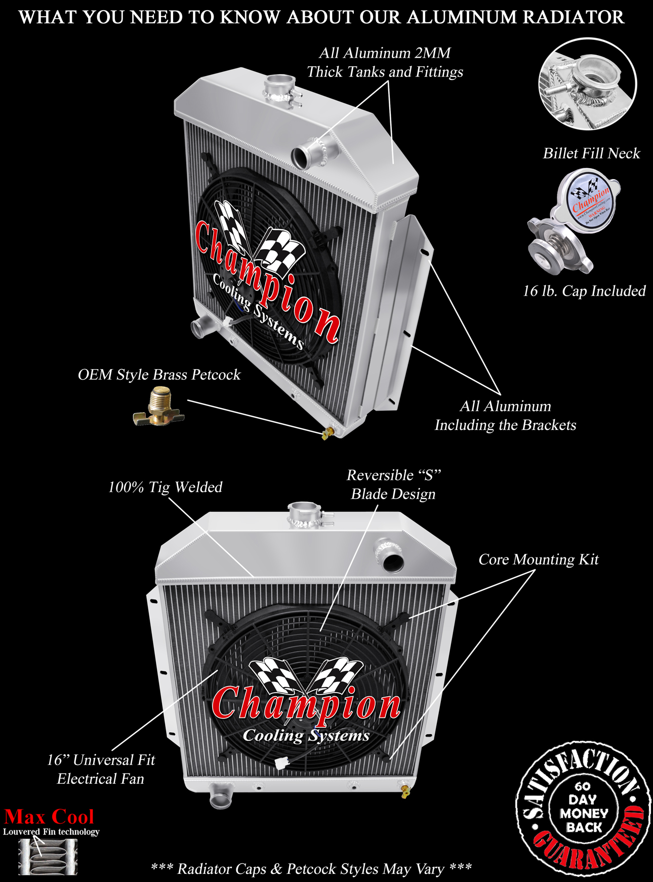 QR Champion 2 Row Radiator Ford Config, 16" Fan for 1949 - 1953 Ford Cars V8 Eng