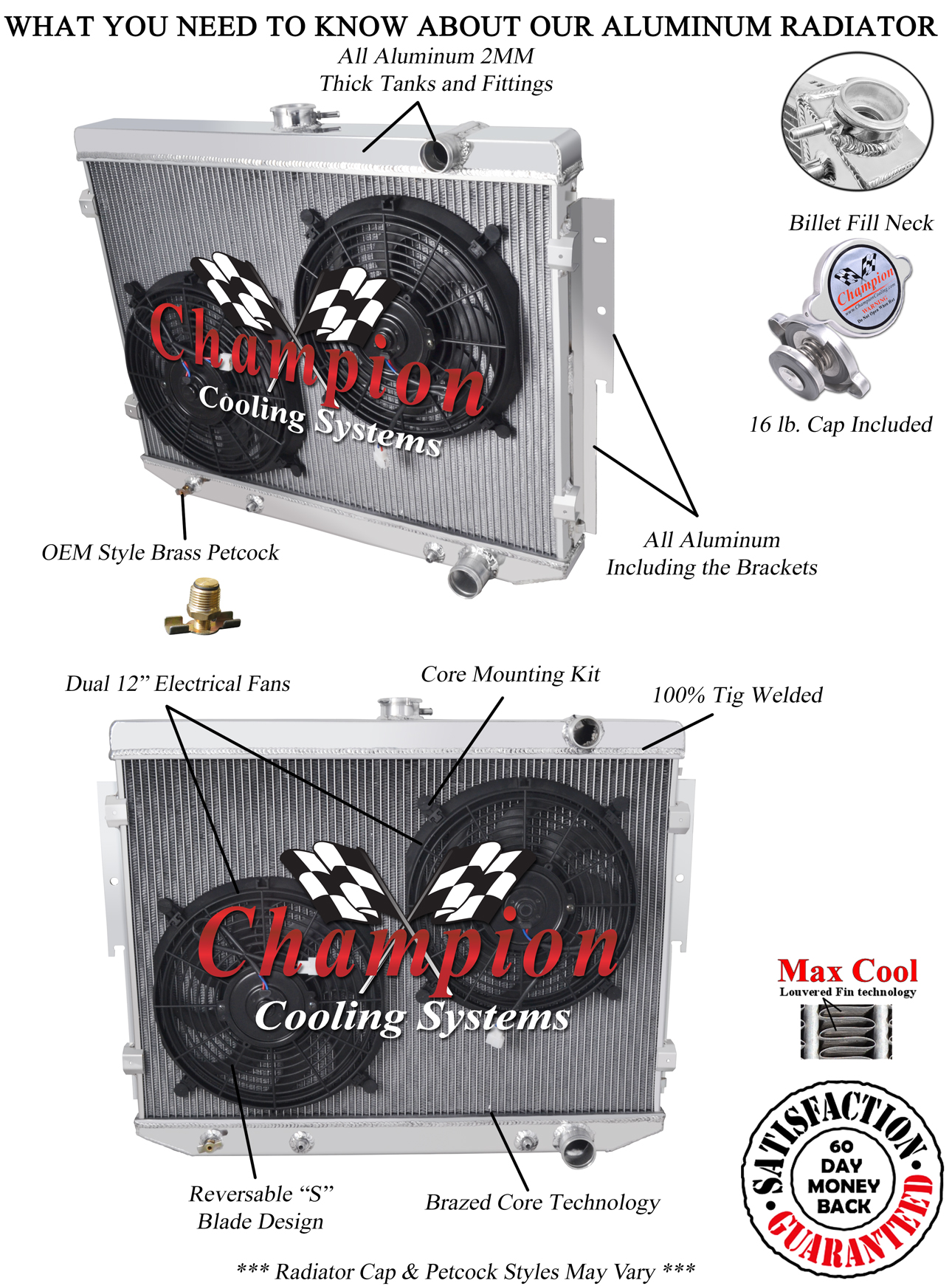 SR Champion 4 Row Radiator, 12" Fans for 1975 - 1978 Chrysler Cordoba V8 Engine