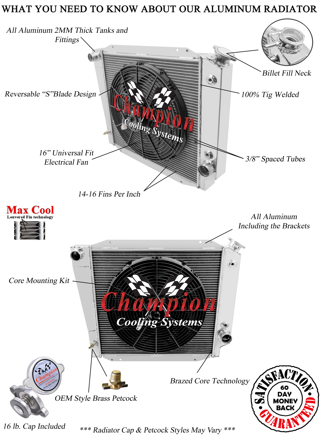 SR Champion 3 Row Radiator W/ 16" Fan for 1966 - 1977 Ford Bronco V8 Engine
