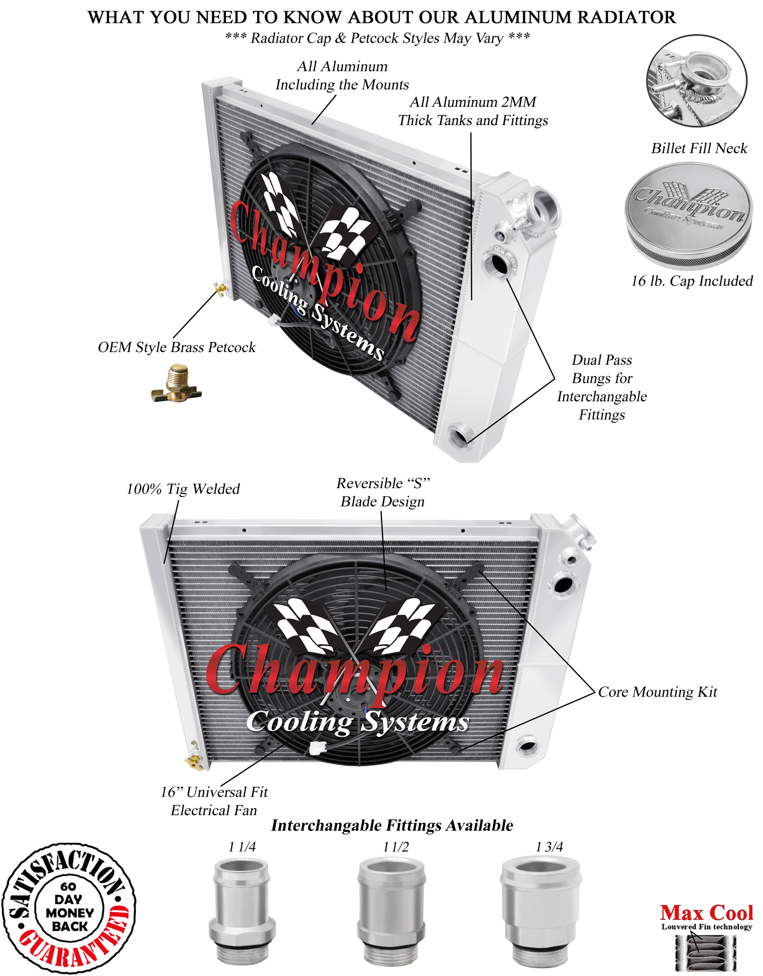 3 Row DR Champion Radiator 20",16" Fan,1 1/2",1 3/4"-1968-1987 GM LS Swap