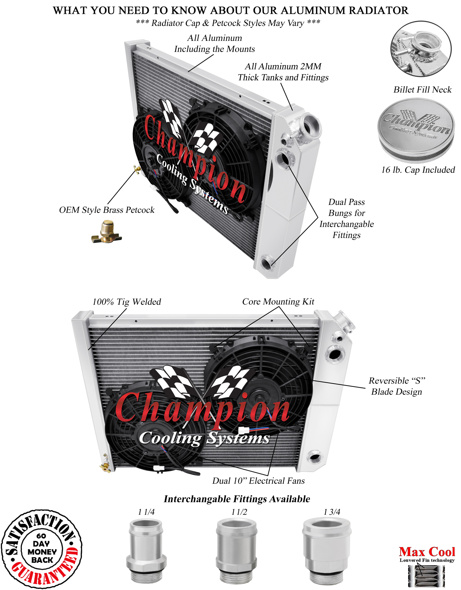 3 Row AAR Champion Radiator 20",10" Fans,1 1/2",1 3/4"-1968-1987 GM LS Swap