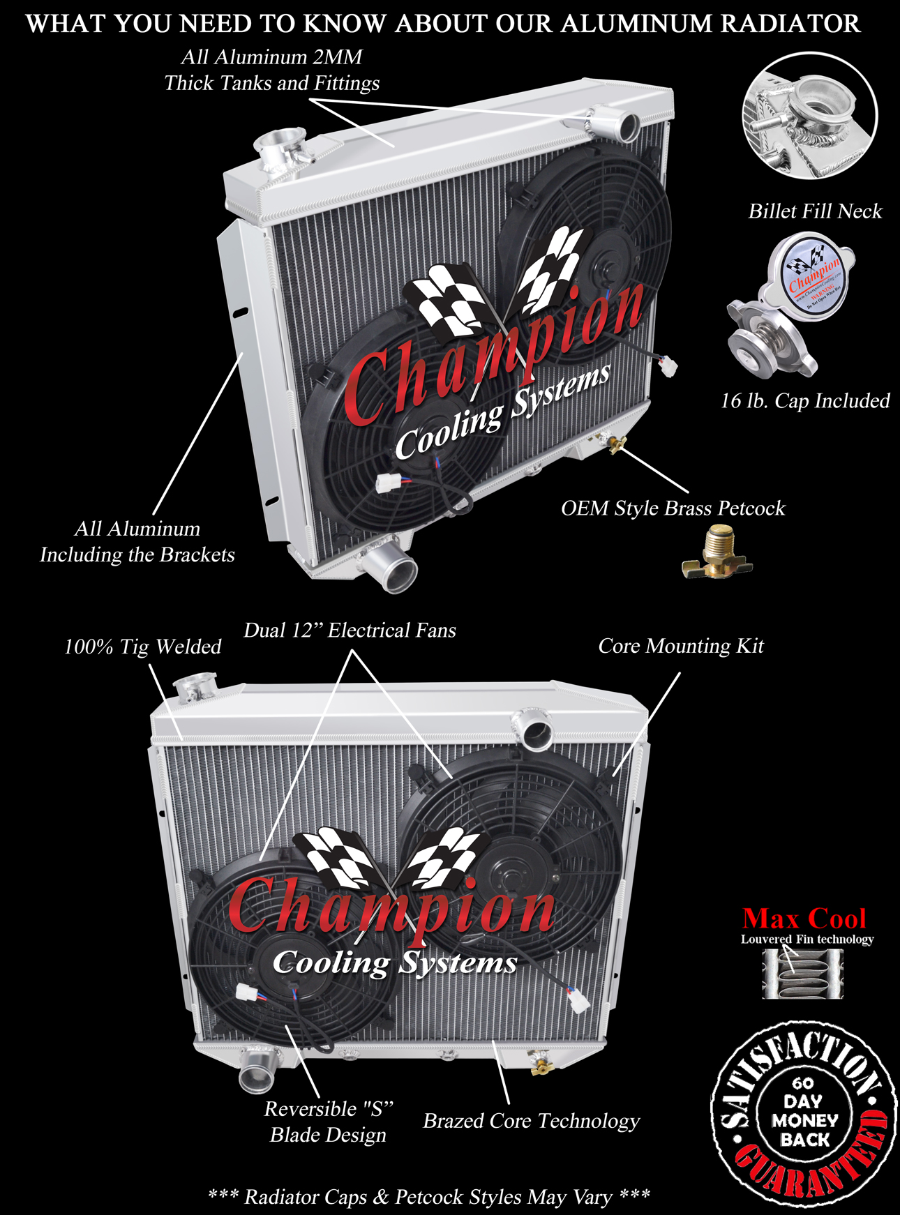RN Champion 4 Row Radiator W/ 2 12" Fans for 1959 Ford Galaxie V8 Engine #MC5759