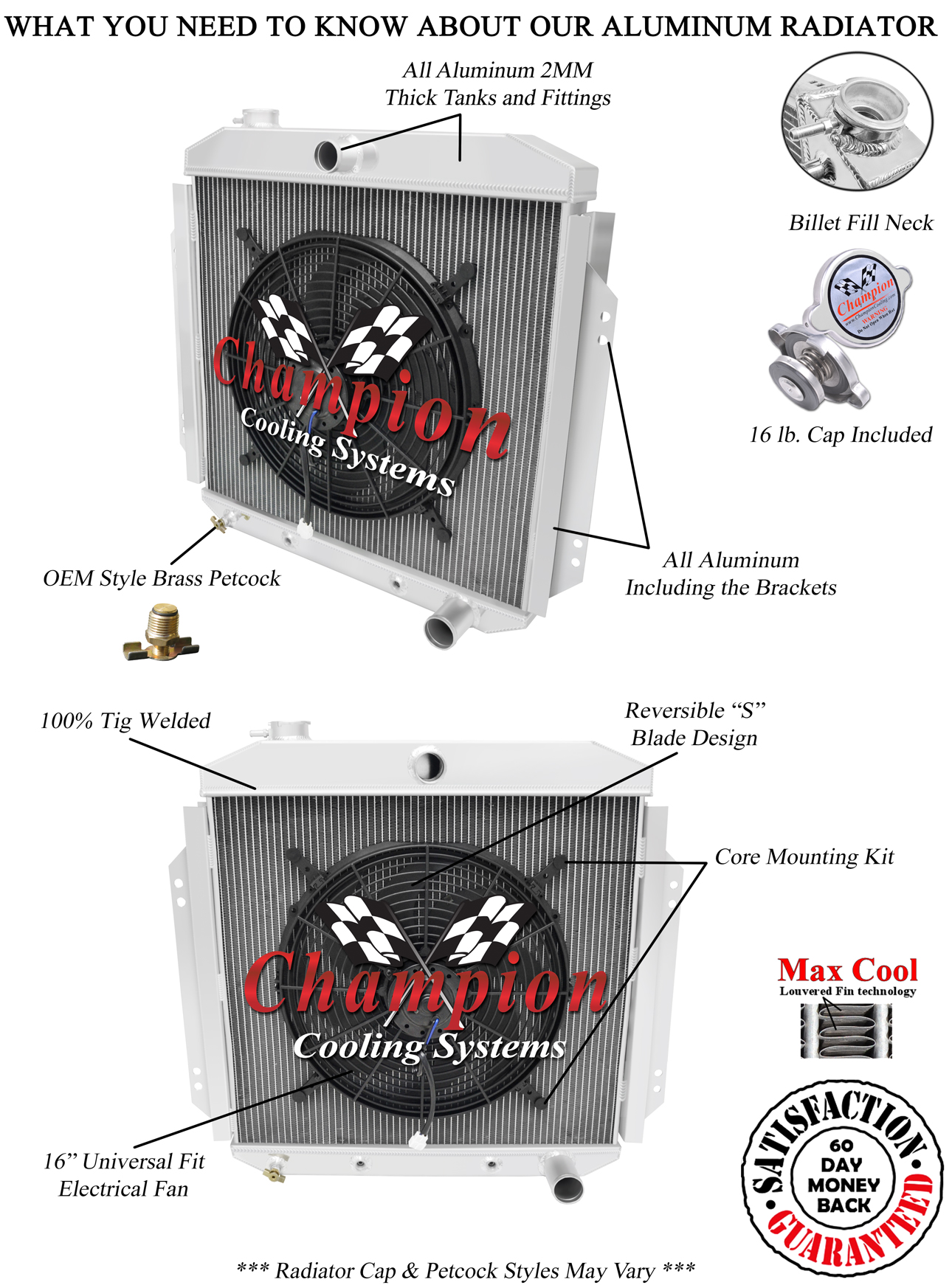 3 Row Cold Champion Radiator W/ 16" Fan for 1957 - 1960 Ford F-100 Chevy Config