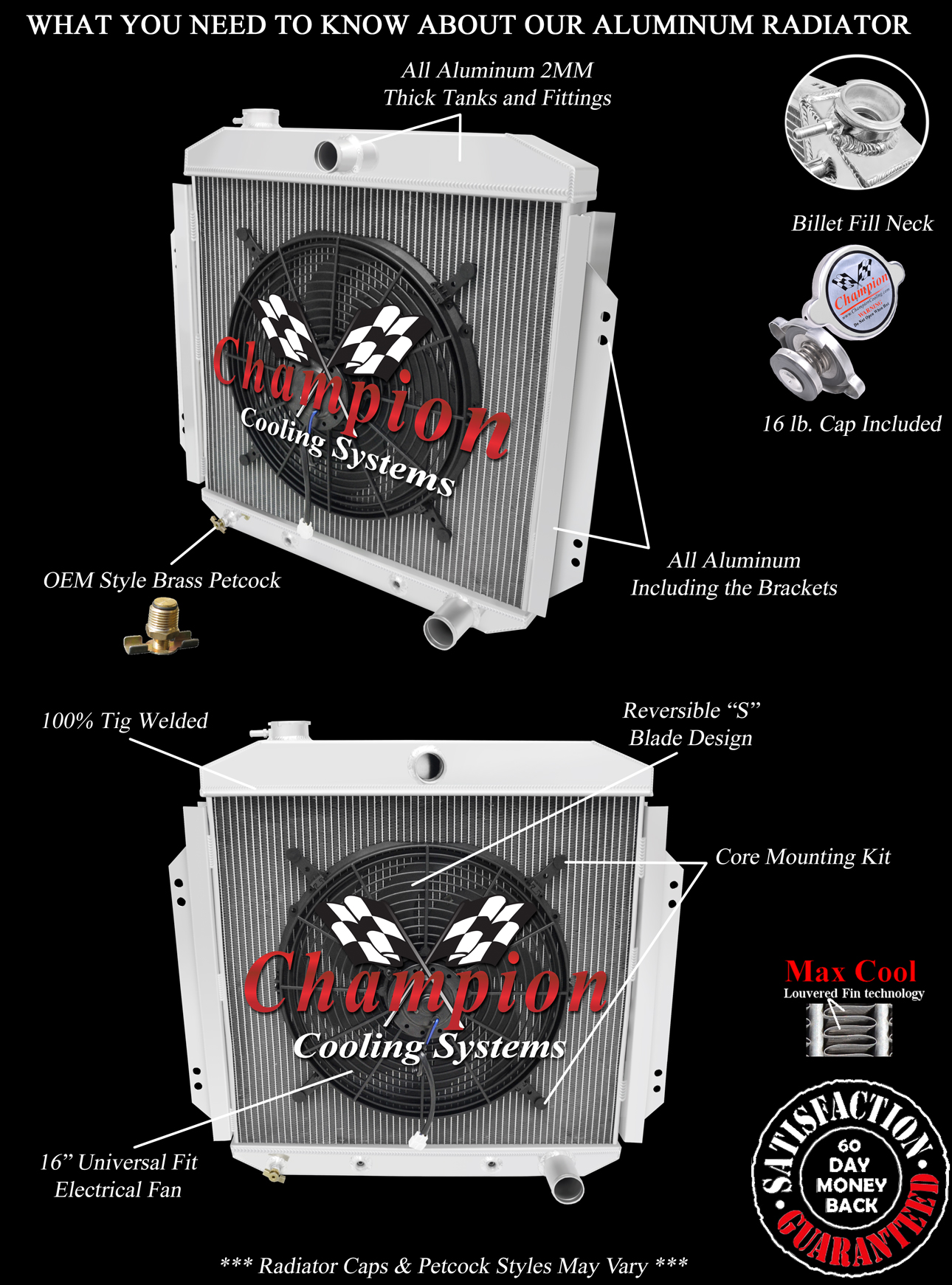 4 Row QR Champion Radiator W/ 16" Fan for 1957 - 1960 Ford F-100 Chevy Config