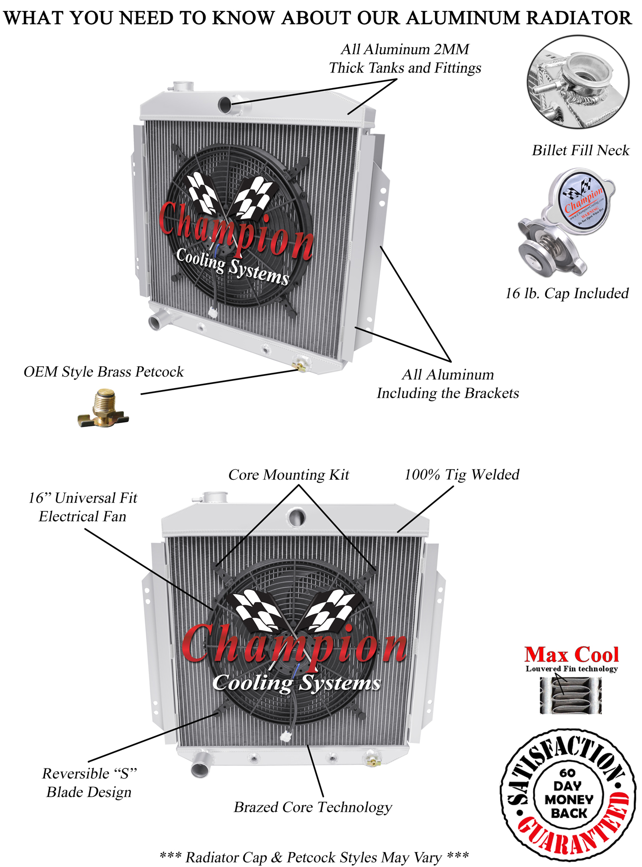 SR Champion 2 Row Radiator Ford Configuration,16" Fan for 1957 - 1960 Ford F-100