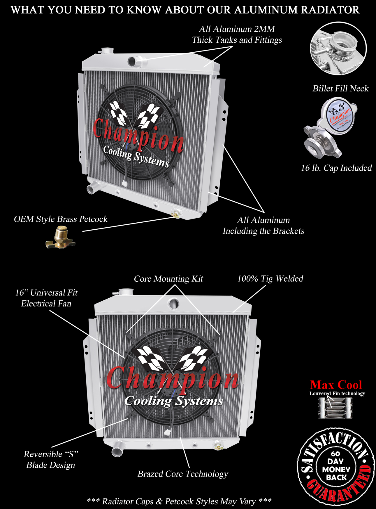 QR Champion 3 Row Radiator Ford Config W/ 16" Fan for 1957 - 1960 Ford F-100