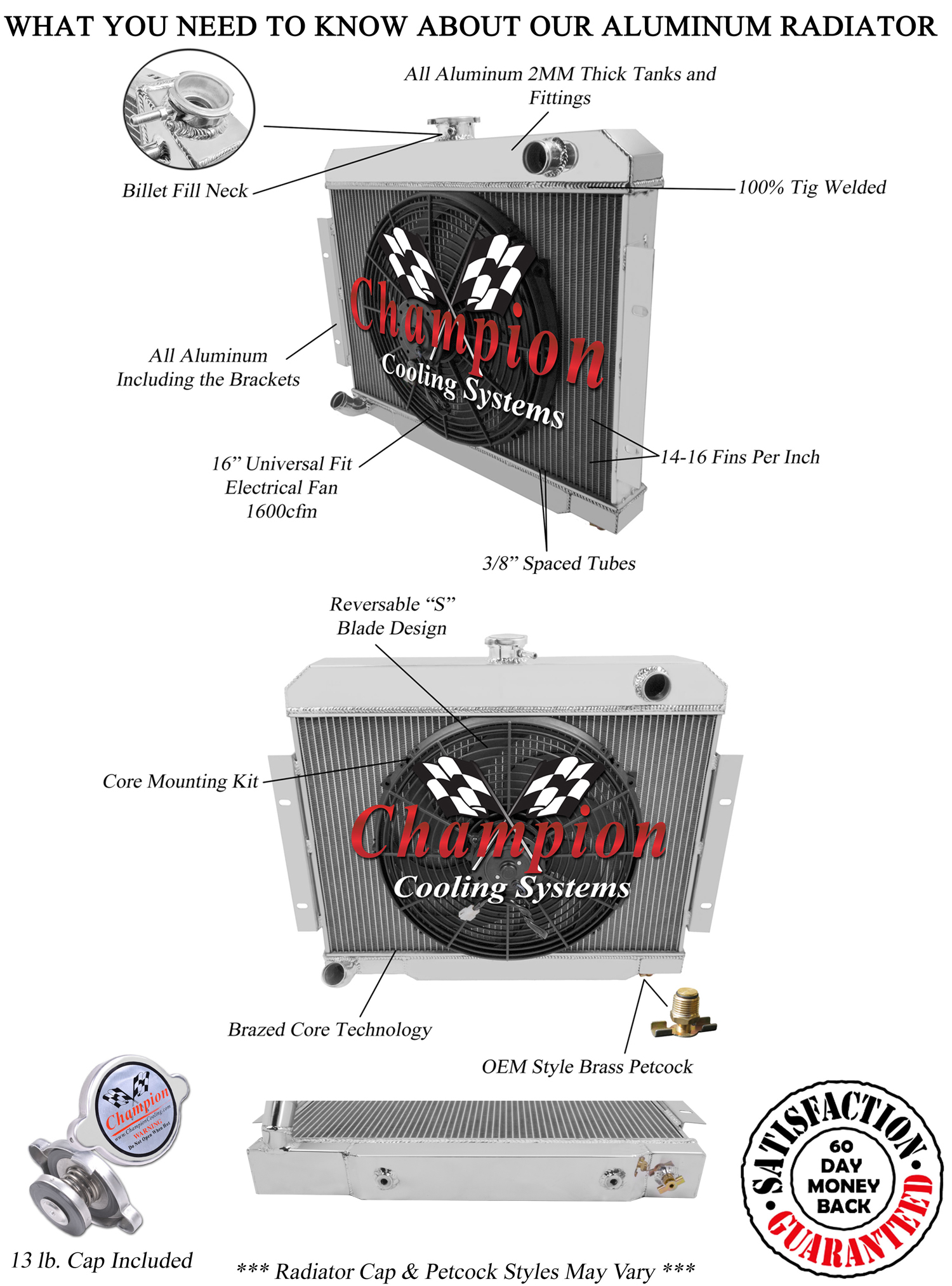 2 Row DR Champion Radiator W/ 16" Fan for 1970 - 1985 Jeep CJ Series L6, V8 Eng
