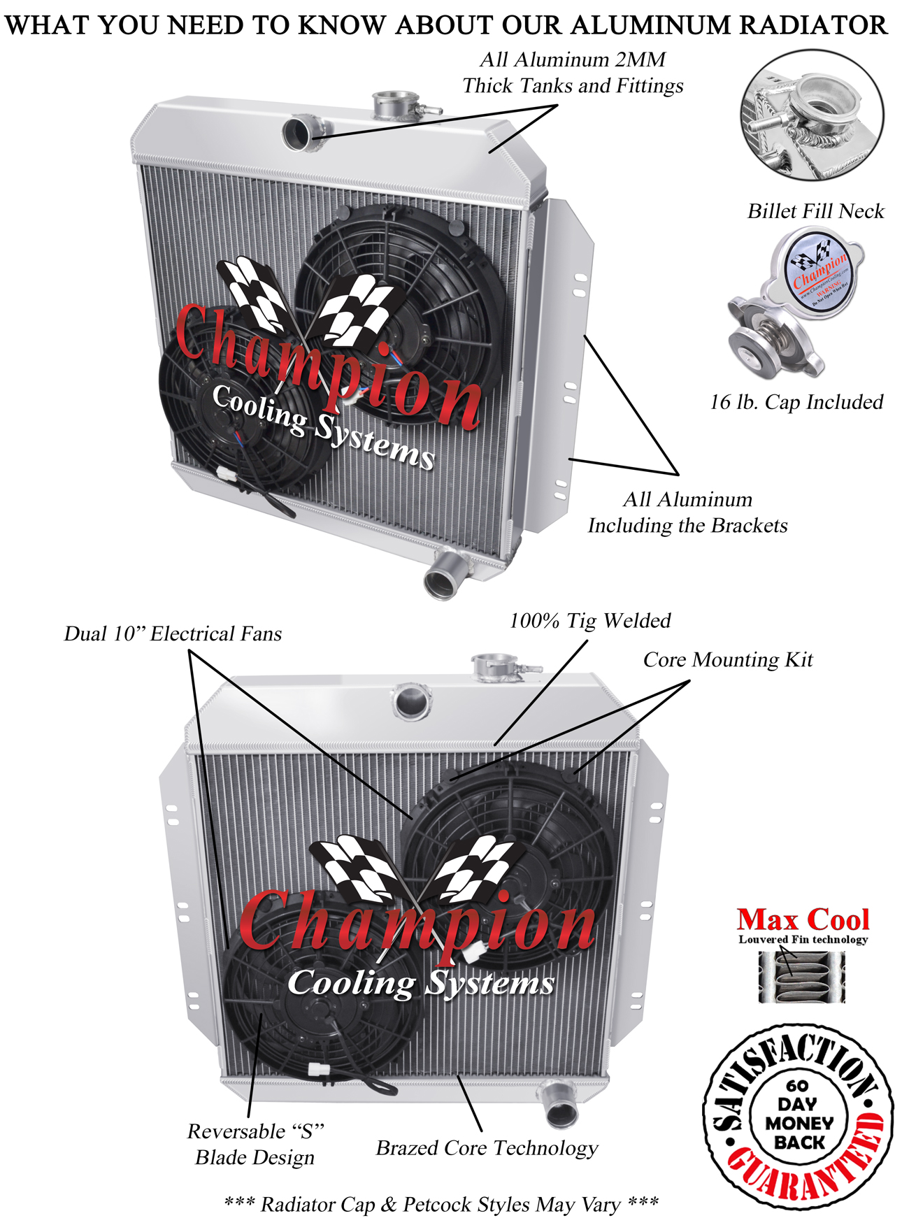 4 Row Kool Champion Radiator W/ 2 10" Fans for 1960 1961 1962 Chevrolet Truck