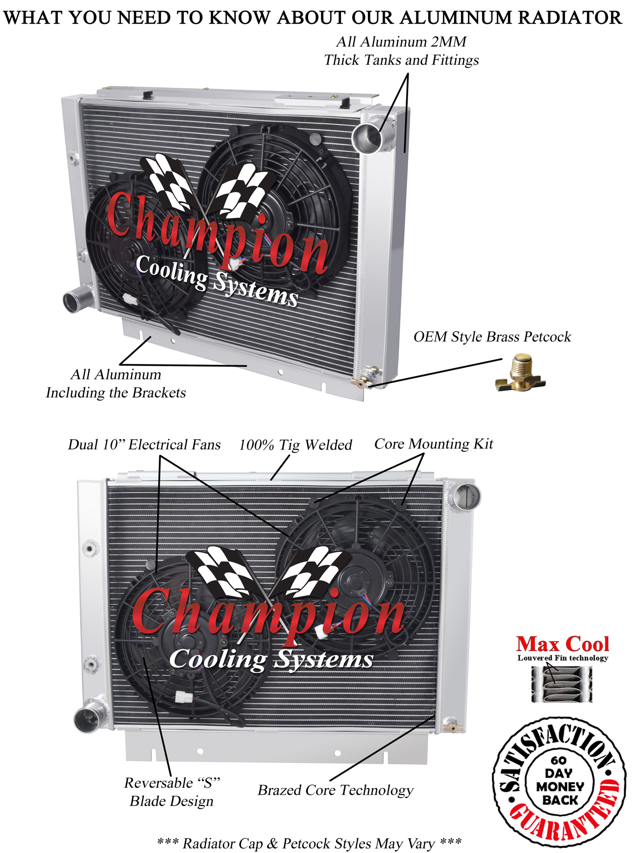 Champion 3 Row Aluminum Radiator W// 2 10/" Fans for 1960-1963 Ford Galaxie