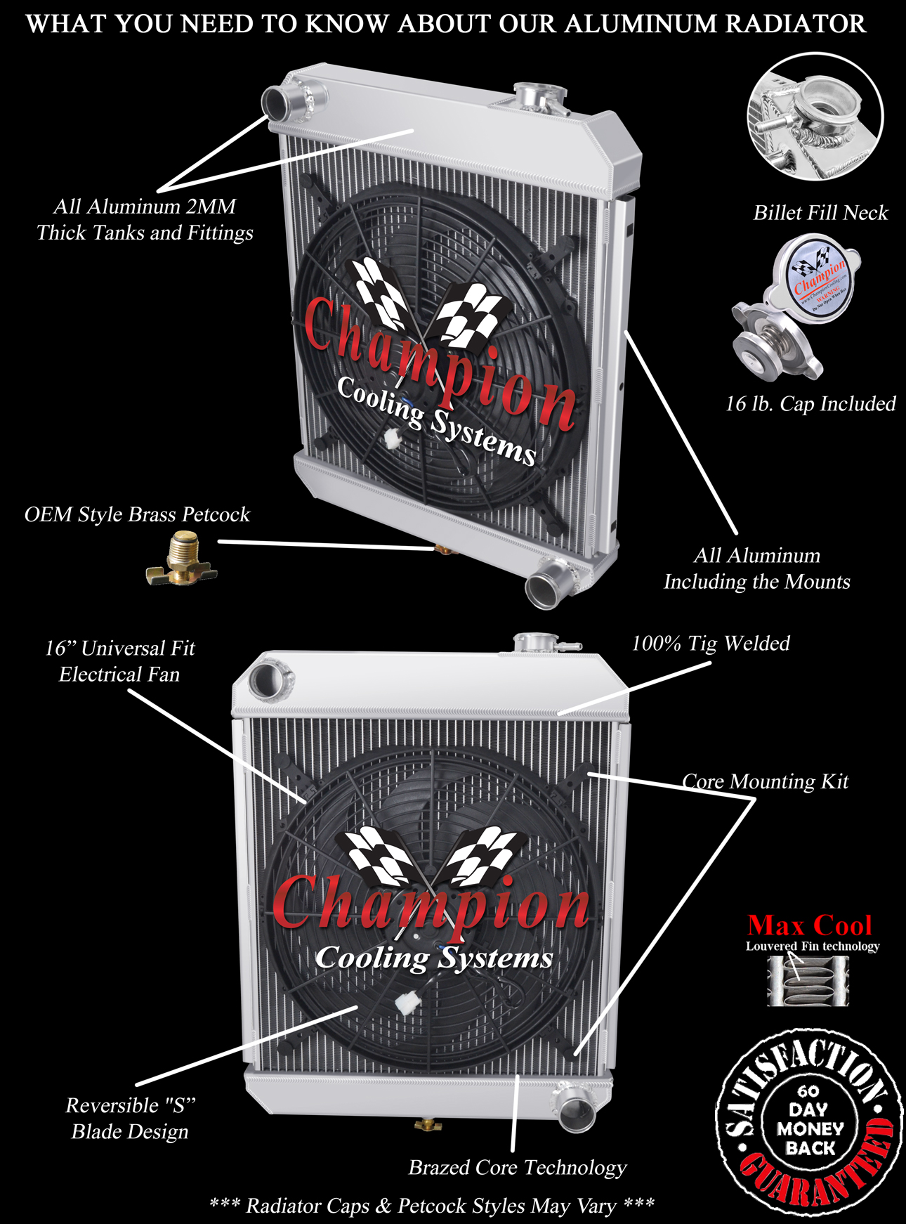 RN Champion 2 Row Radiator W/ 16" Fan for 1960 - 1966 Chevrolet Truck L6 Engine
