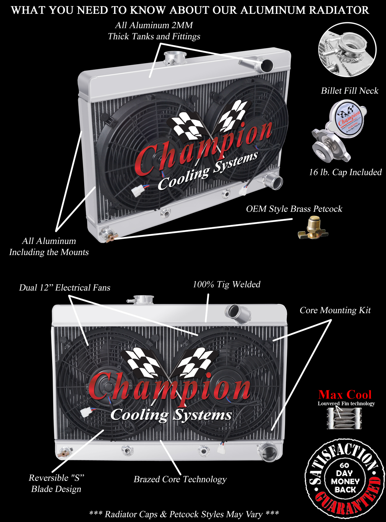RN Champion 4 Row Radiator W/ 2 12" Fans for 1961 - 1963 Pontiac Tempest #MC6163