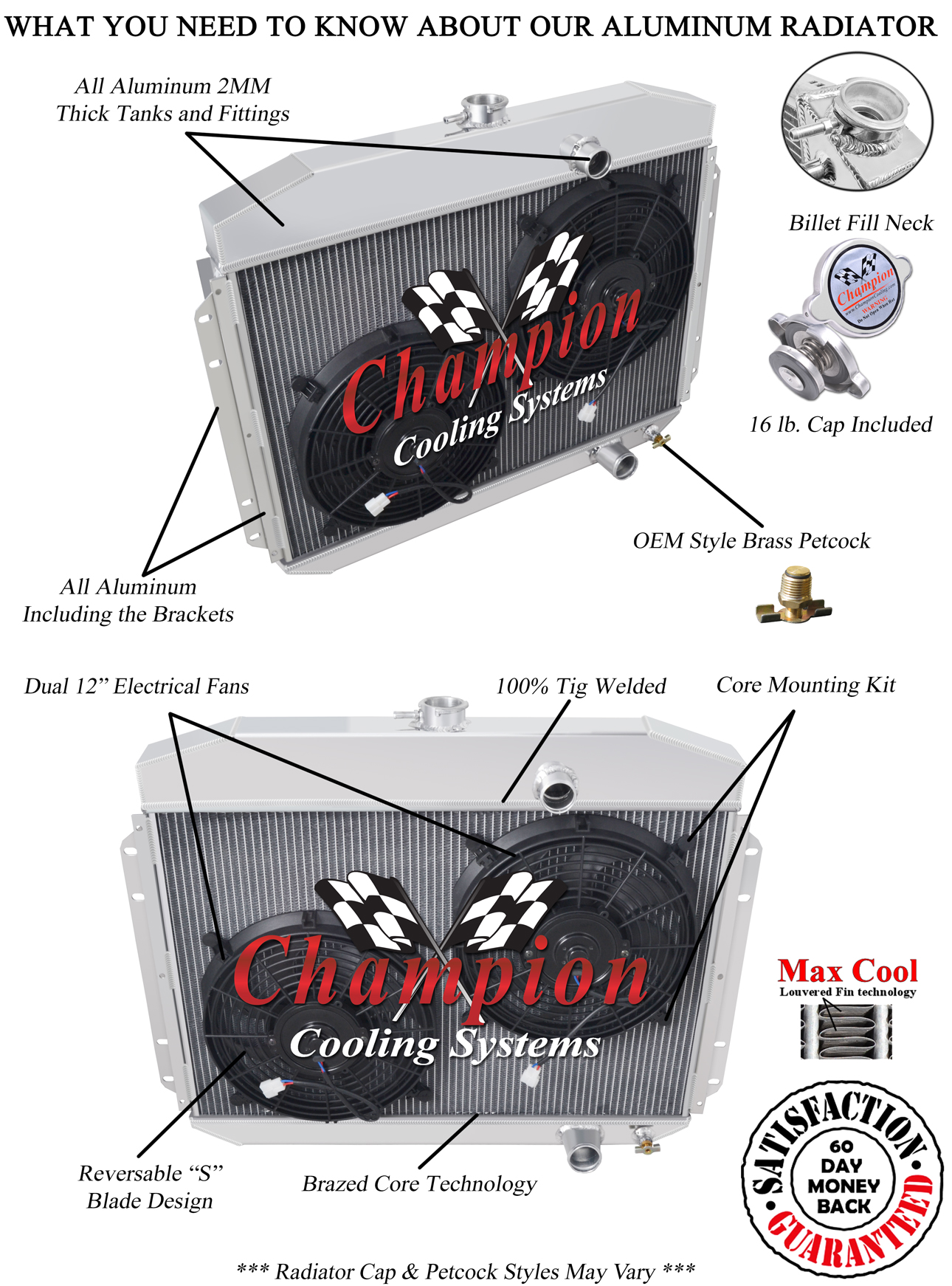 SR Champion 2 Row Radiator,12" Fans for 1961-1964 Ford F-Series 6 Cylinder Eng
