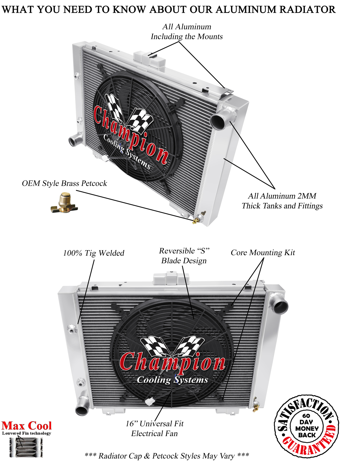 4 Row Aluminum Champion Radiator W/ 16" Fan for 1964 Ford Galaxie #MC64GL