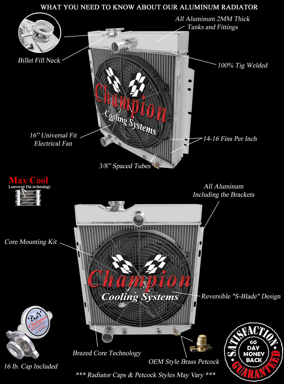 QR Champion 3 Row Radiator W/ 16" Fan for 1966 - 1977 Ford Bronco 6 Cyl Engine