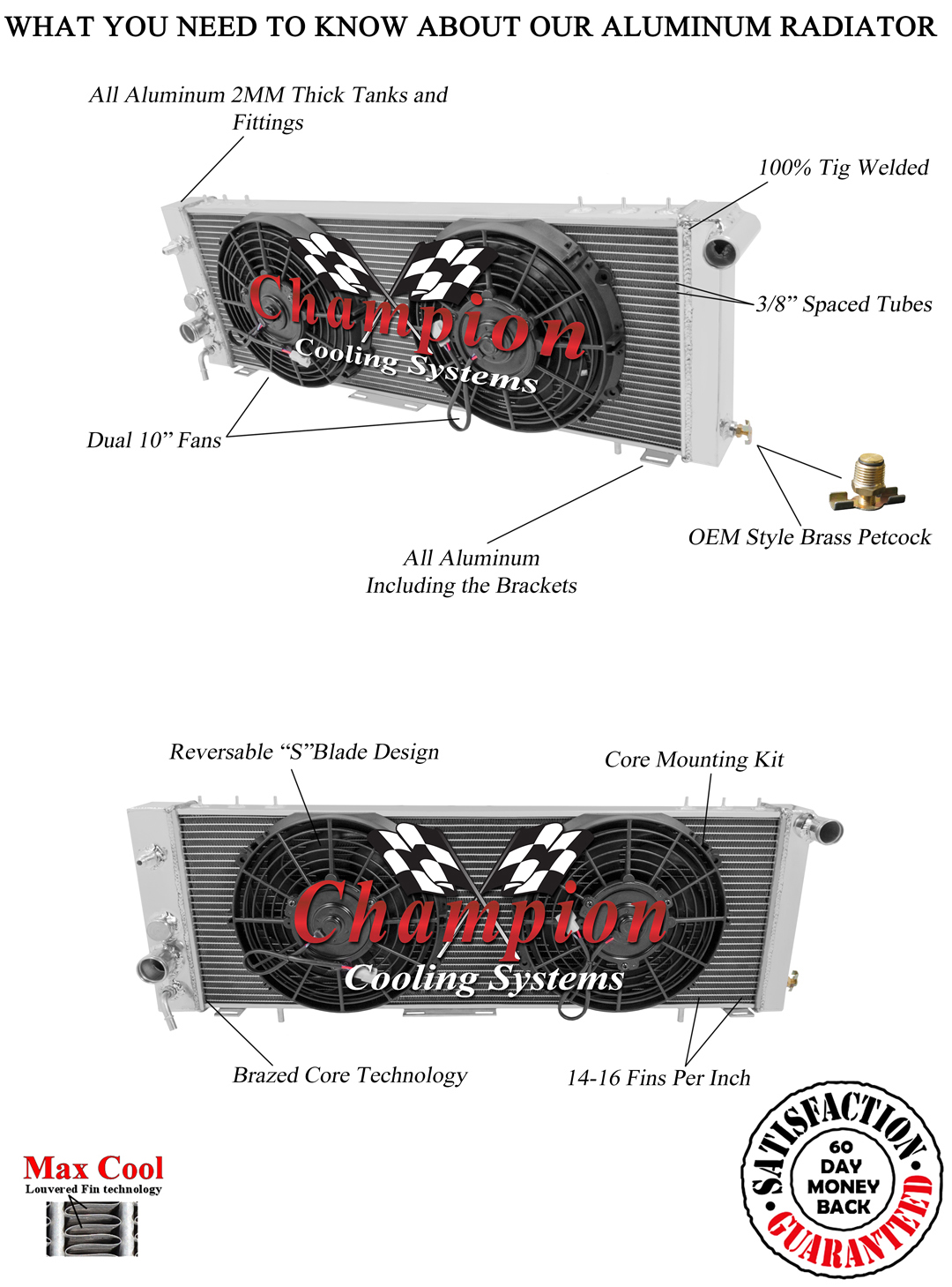 1984 - 1990 Jeep Cherokee 2 Row Advanced Champion Aluminum Radiator w 2 10" Fans