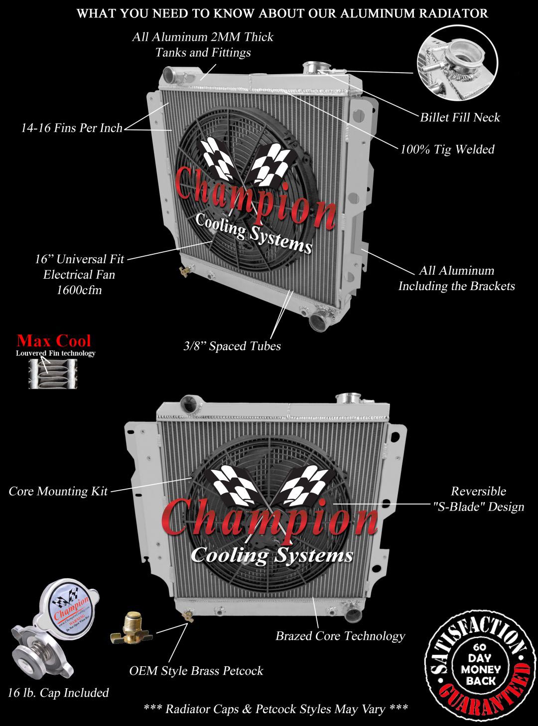 RN Champion 4 Row Radiator,16" Fan for 1987-2006 Jeep Wrangler Chevy V8 Conv