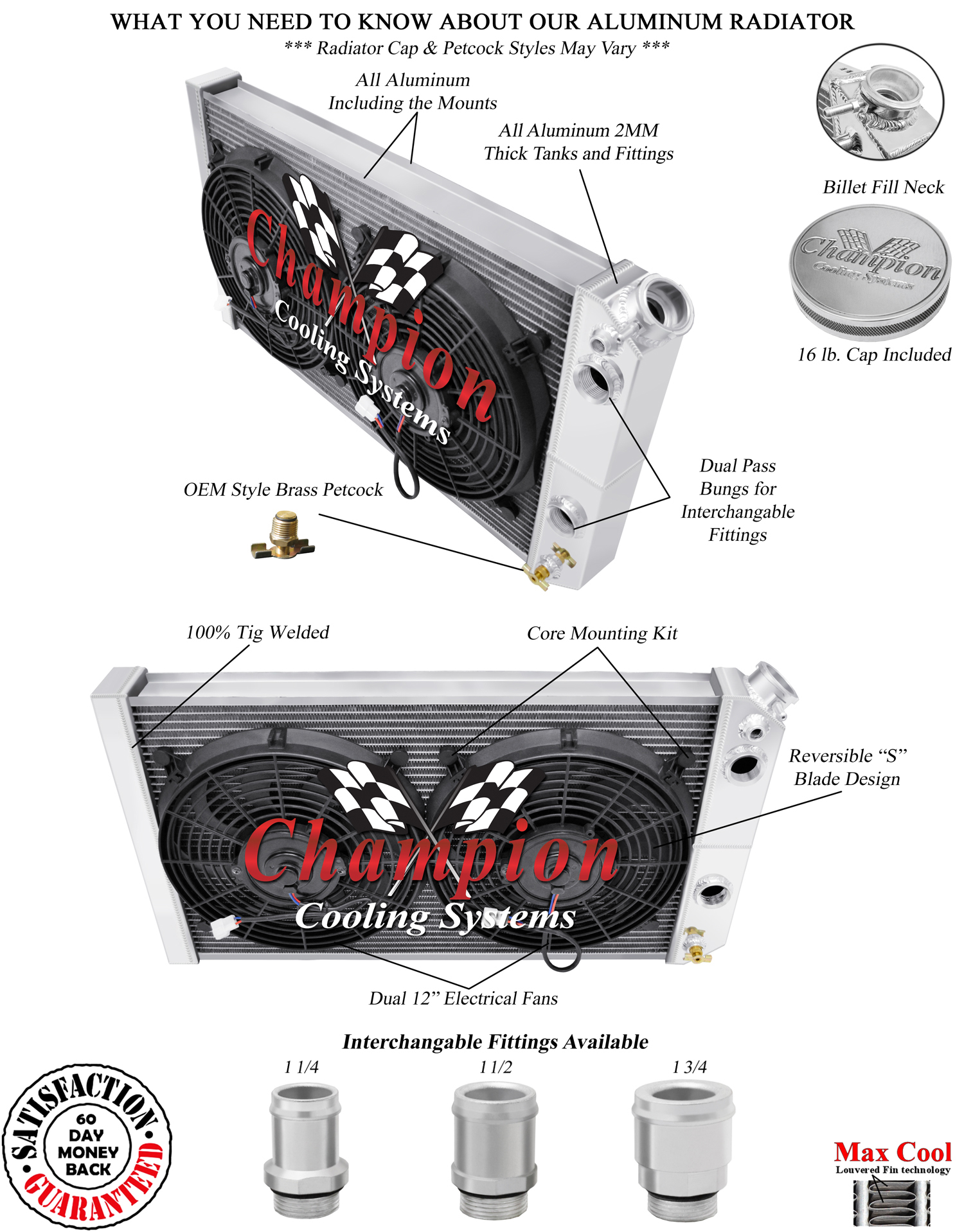 3 Row DR Champion Radiator,12" Fans,1 1/4,1 1/2-1984-1990 Corvette Small LS Swap