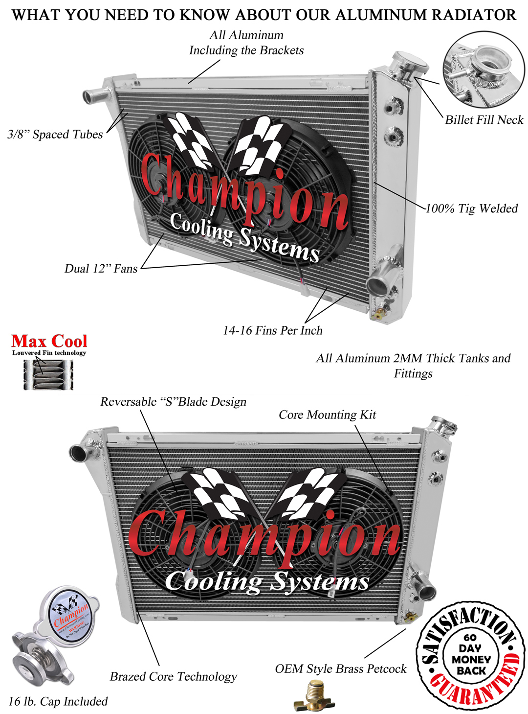 1982-92 Camaro/Z28/Firebird/Trams Am 3 Row DR Radiator 2 x 12" Fan Combo