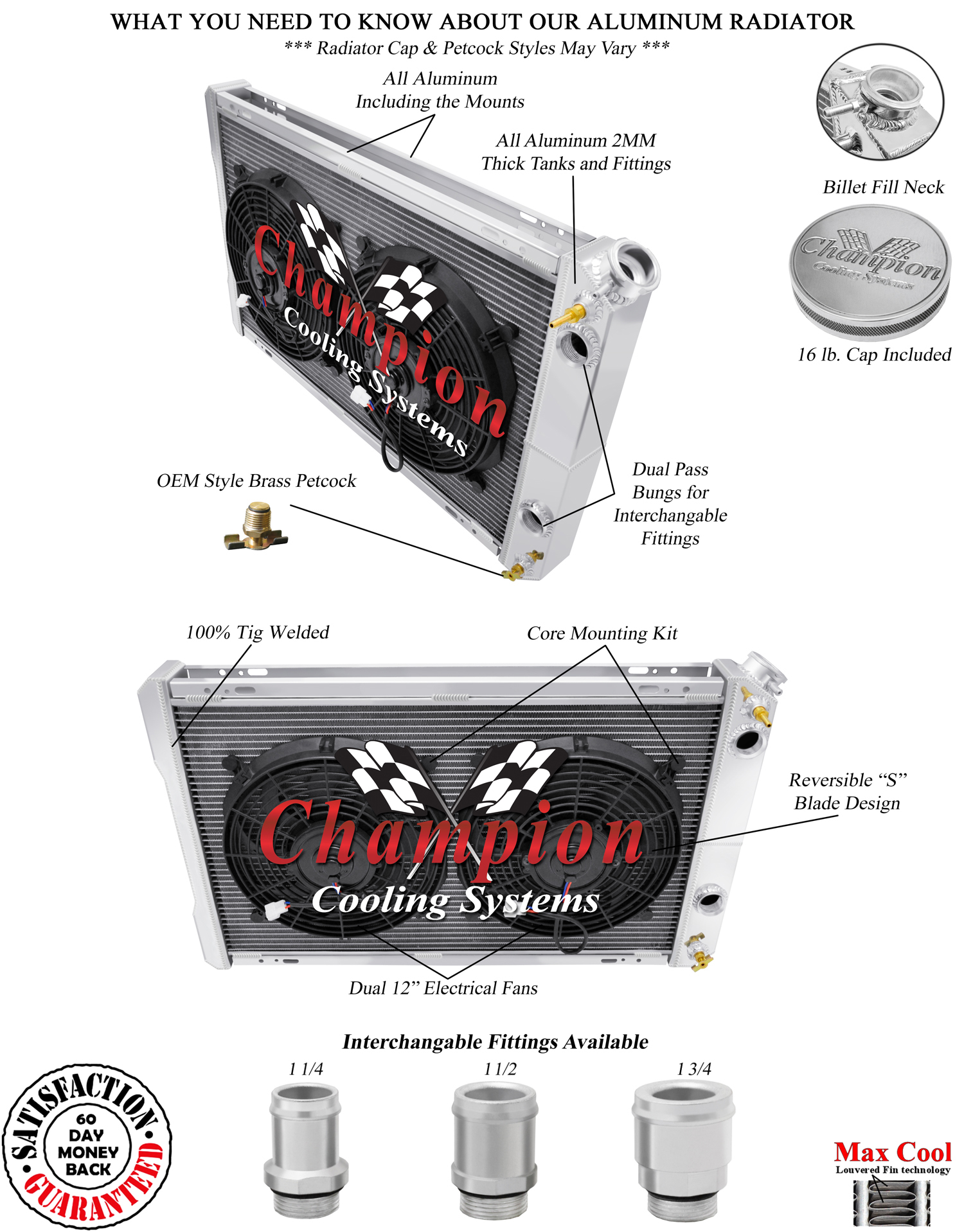 SR 3 Row Dual Pass Radiator,12" Fans,1.5,1.75 for 1982-1992 Chevrolet Camaro LS