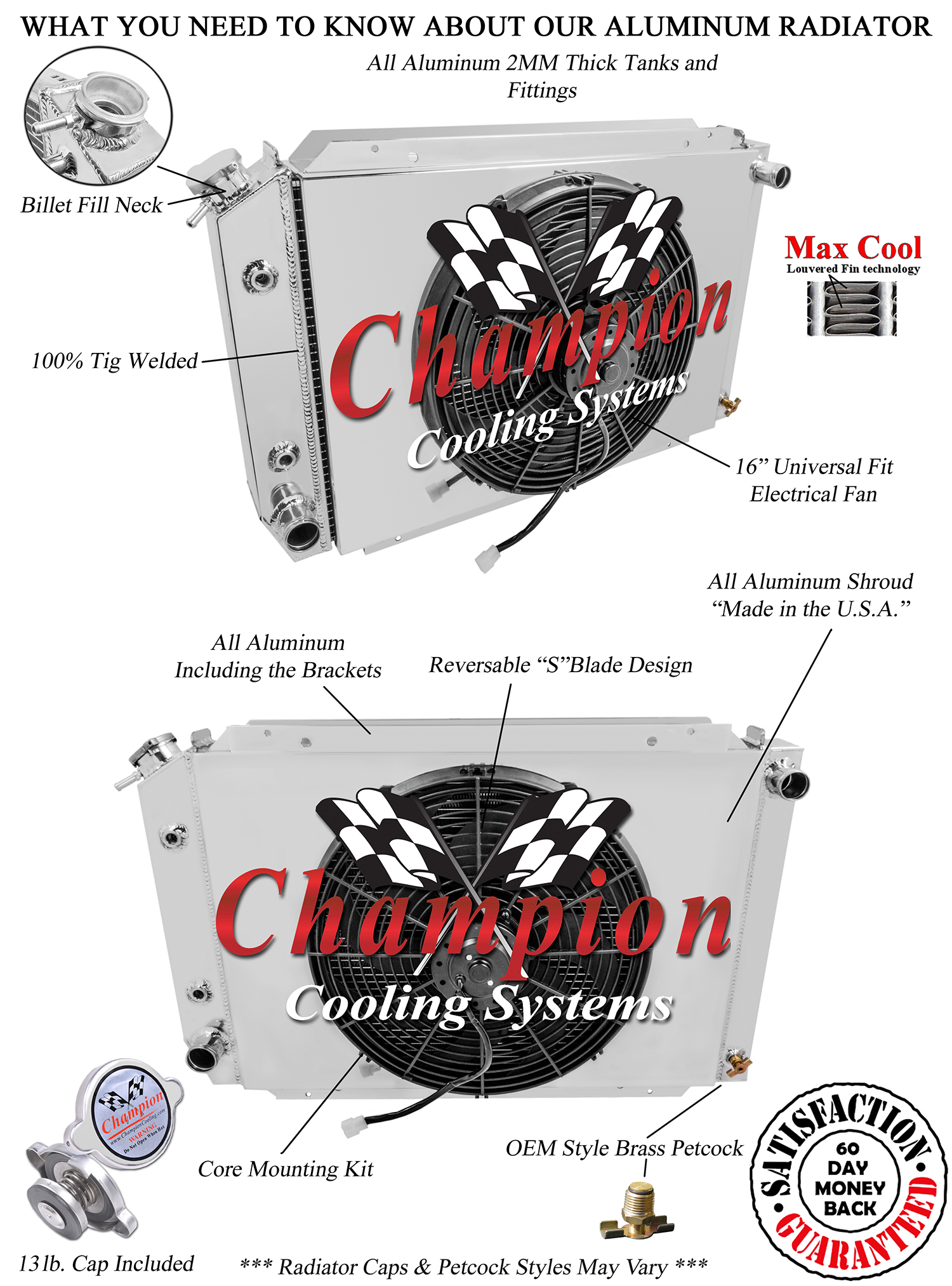 2 Row AAR Champion Radiator W/ 16" Fan and Shroud for 1980 - 1986 Mercury Capri