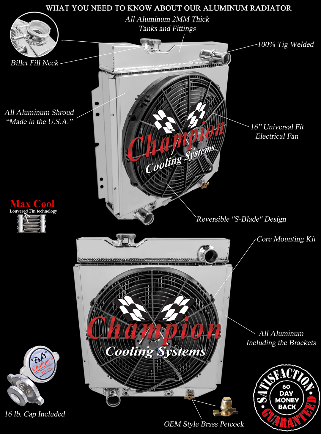 RN Champion 2 Row Radiator, 16" Fan, Shroud for 1964 - 1966 Ford Mustang V8 Swap RN Champion 2 Row Radiator, 16" Fan, Shroud for 1964 - 1966 Ford Mustang V8 Swap