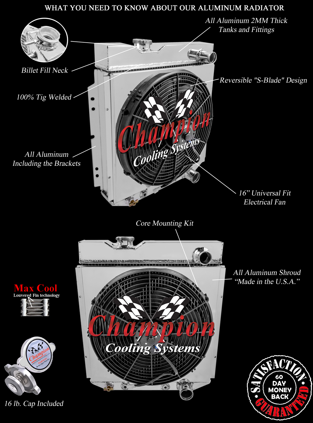 QR Champion 4 Row Radiator W/ 16" Fan and Shroud for 1964 - 1966 Mustang V8 Eng