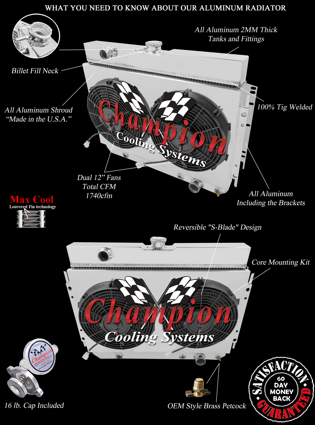 4 Row CR Champion Radiator, 2 12" Fans, Shroud for 1964 - 1967 Chevelle V8 Eng