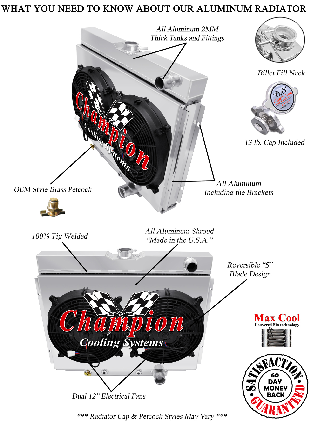 3 Row DR Champion Radiator Lowhose Pass 24",2 12" Fans,Shroud-1967-1970 Mustang