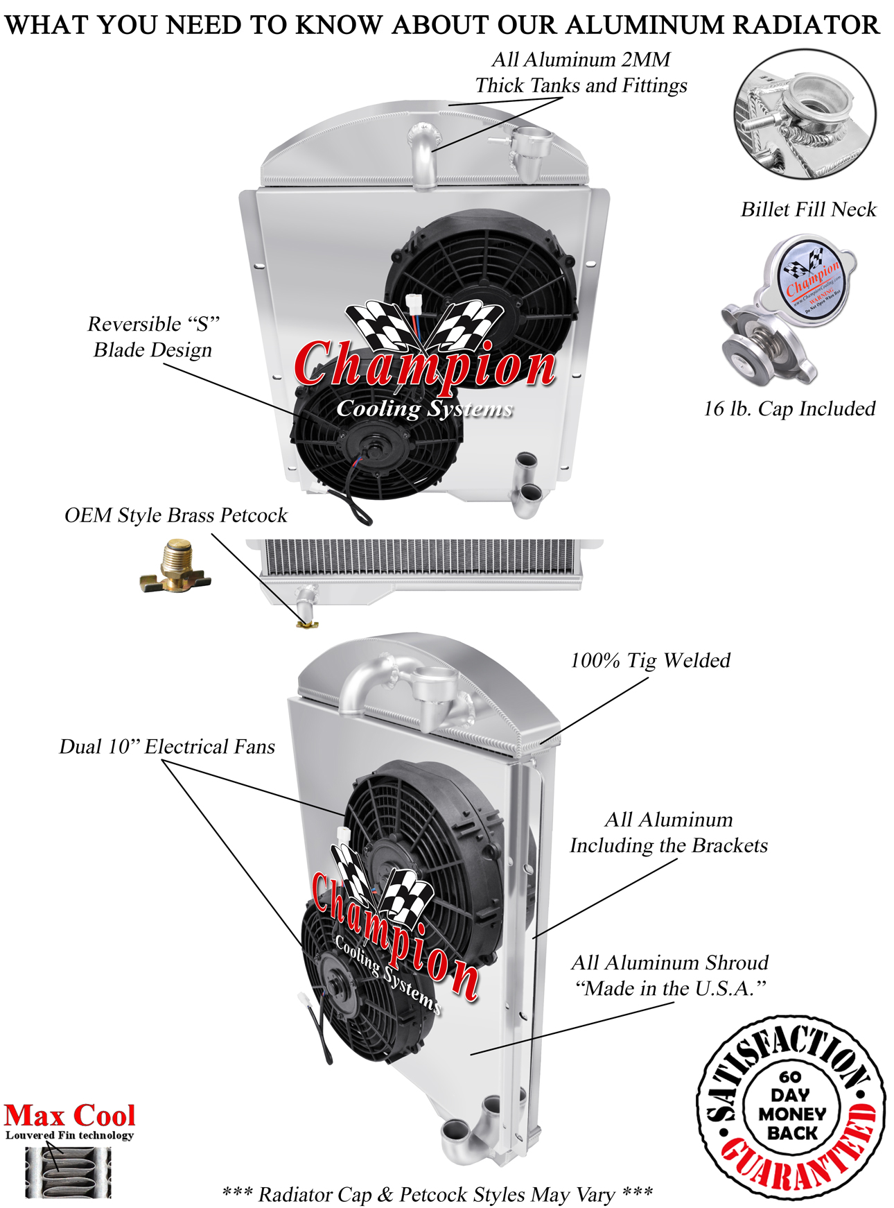 SR Champion 3 Row Radiator, 10" Fans and Shroud for 1941 - 1946 Chevrolet Pickup