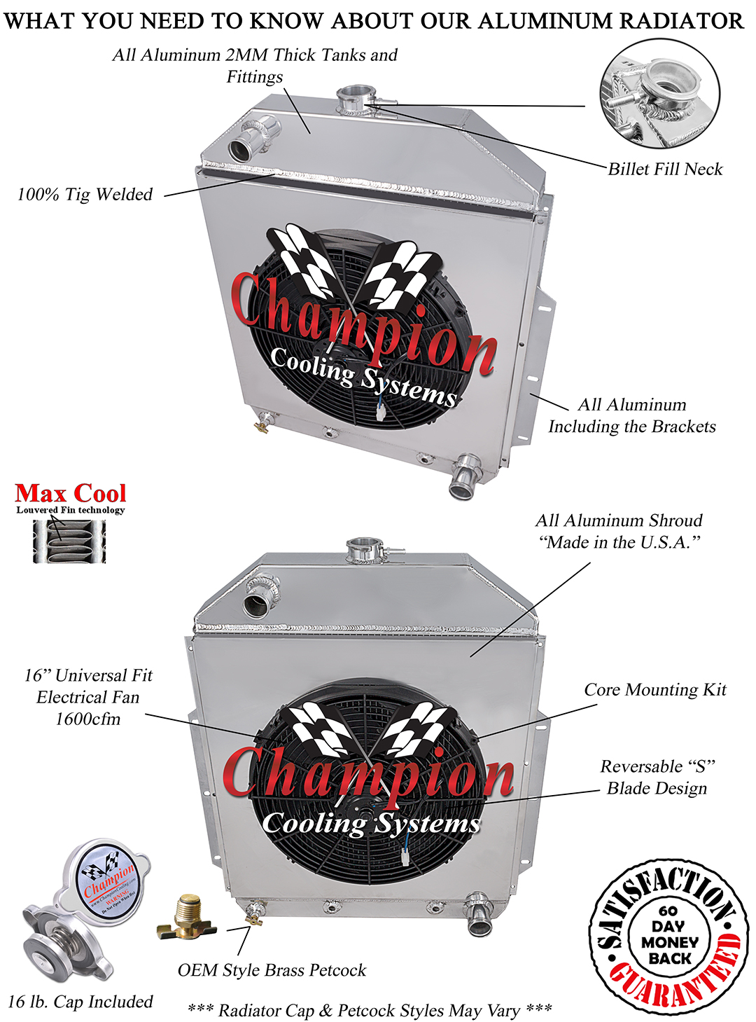 SR Champion 3 Row Radiator Chevy Conv,16" Fan,Shroud for 1942-1952 Ford Truck