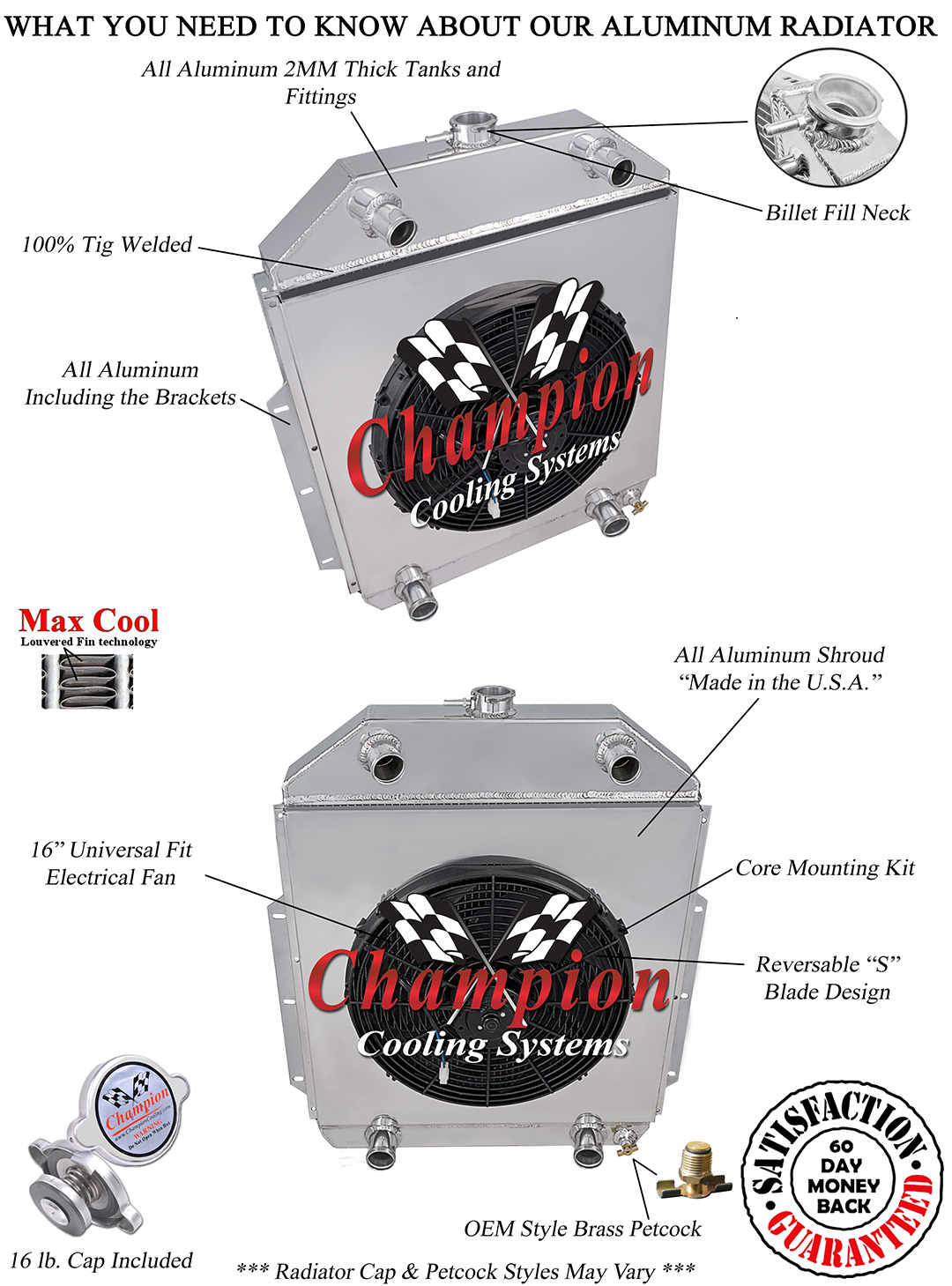 SR 2 Row Radiator Flathead Config,16" Fan,Shroud for 1942-1952 Ford Truck