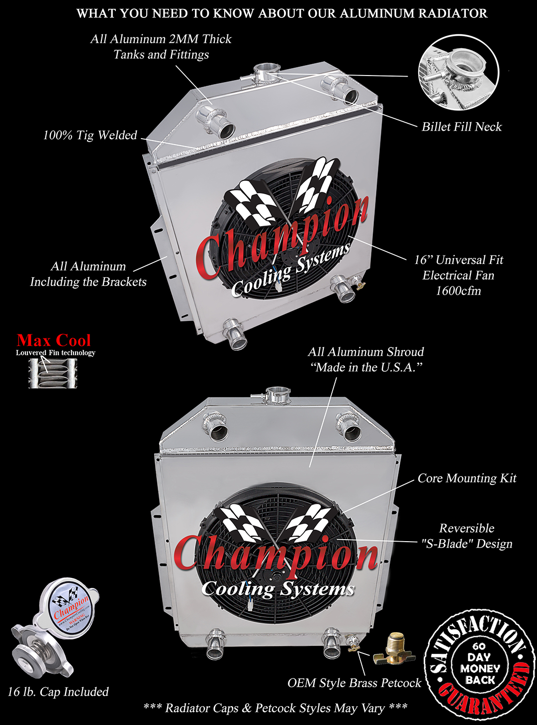 3 Row QR Radiator Flathead Config, 16" Fan, Shroud fits 1942-1952 Ford Truck