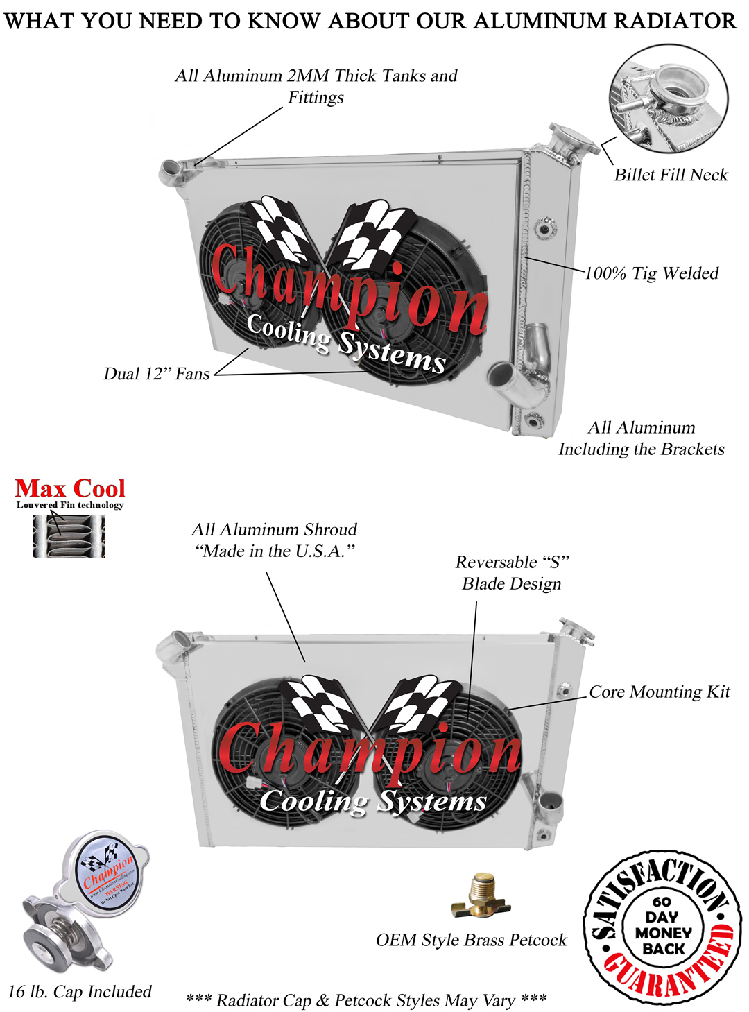 3 Row Cold Champion Radiator, 2 12" Fans, Shroud for 1973 - 1976 Corvette V8 Eng