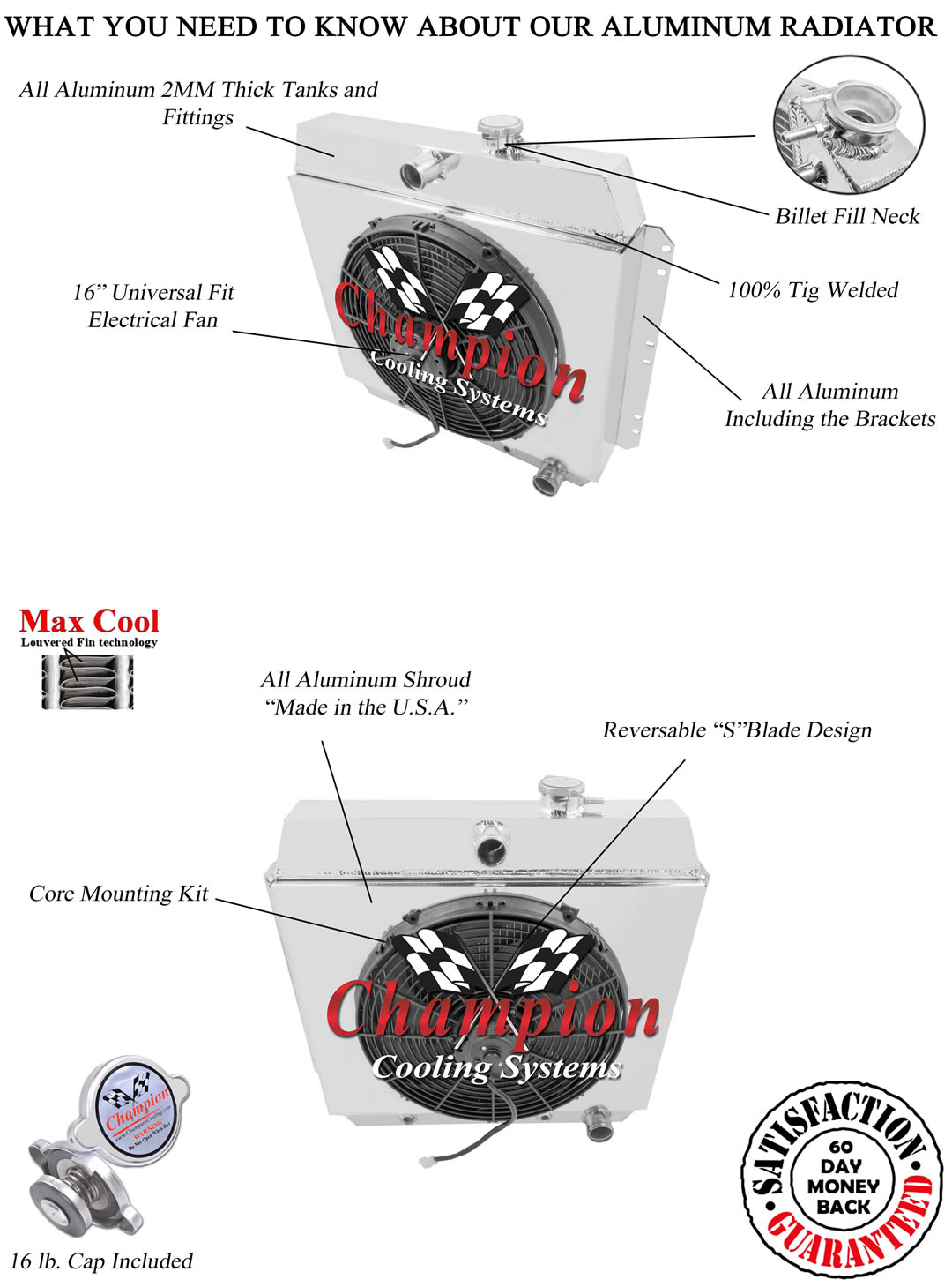 SZ Champion 4 Row Radiator, 16" Fan, Shroud for 1949 - 1954 Chevy Cars V8 Conv