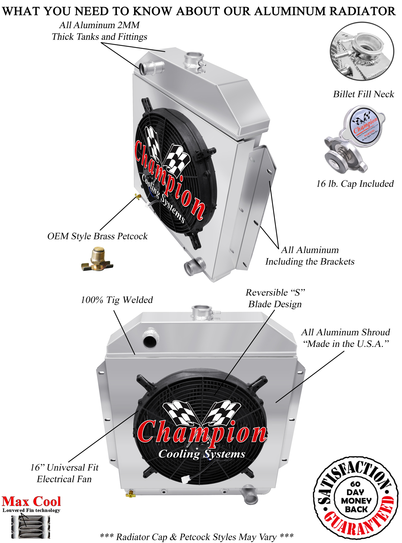 3 Row DR Champion Radiator, 16" Fan, Shroud for 1949 - 1953 Ford Cars Chevy Eng