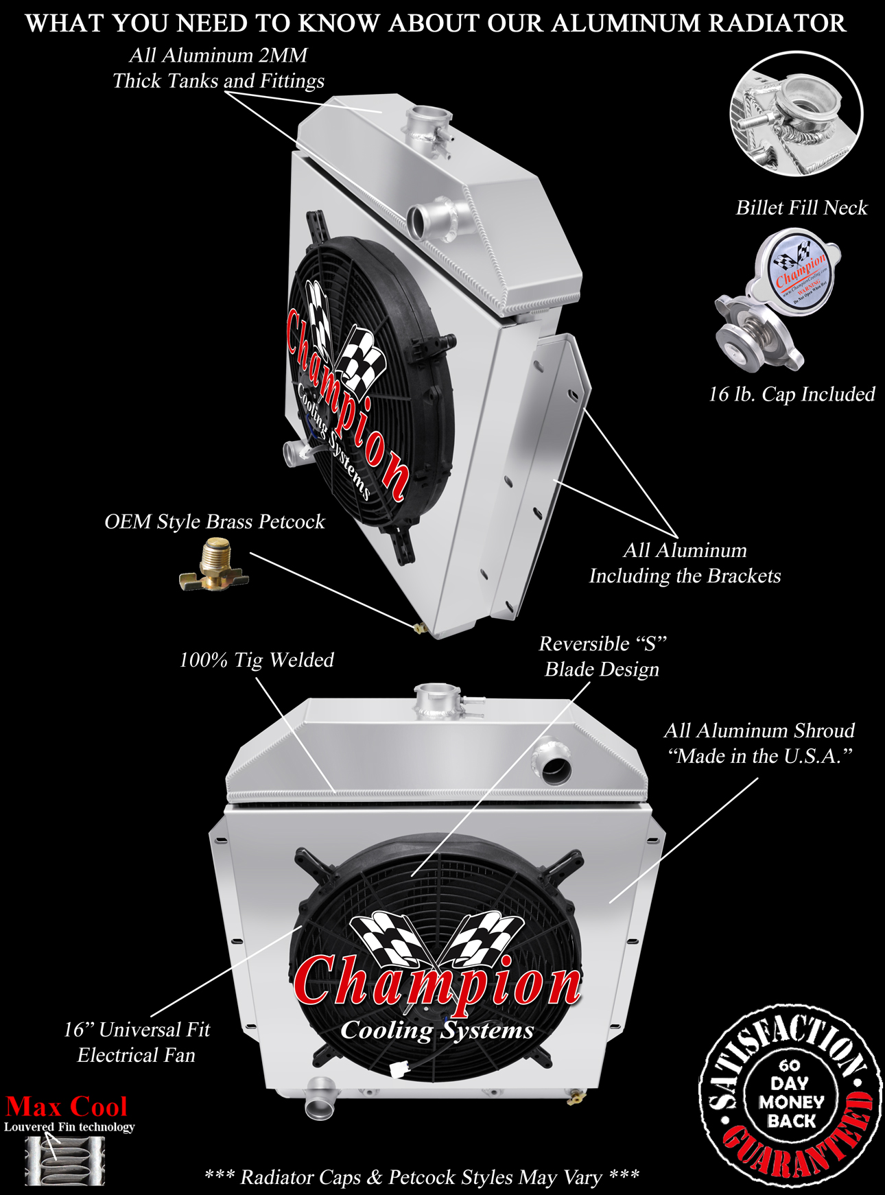 QR Champion 4 Row Radiator Ford Config,16" Fan,Shroud-1949-1953 Ford Cars V8 Eng