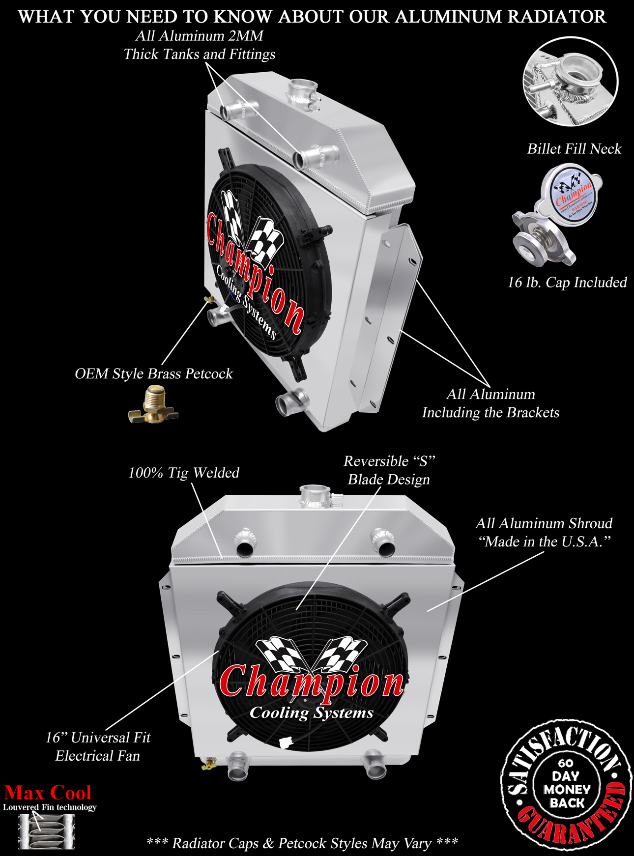 QR Champion 3 Row Radiator Flathead Config,16" Fan,Shroud-1949-1953 Ford Cars