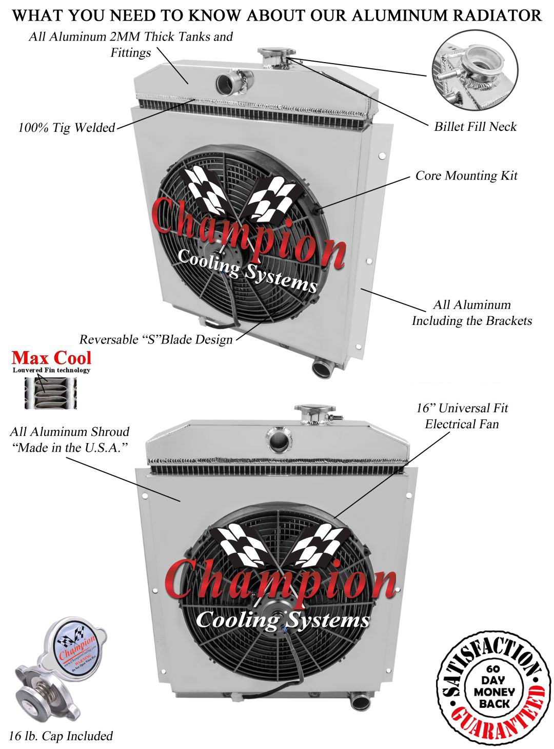 1947 - 1954 Chevy C/K Seires - Champion 3 Row Radiator with a 16in Fan/Shroud