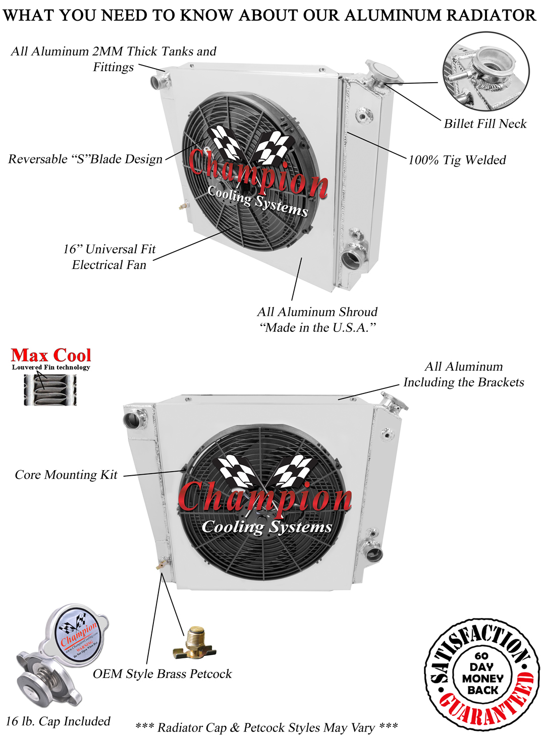 SR Champion 2 Row Radiator,16" Fan,Shroud for 1966 - 1977 Ford Bronco V8 Engine
