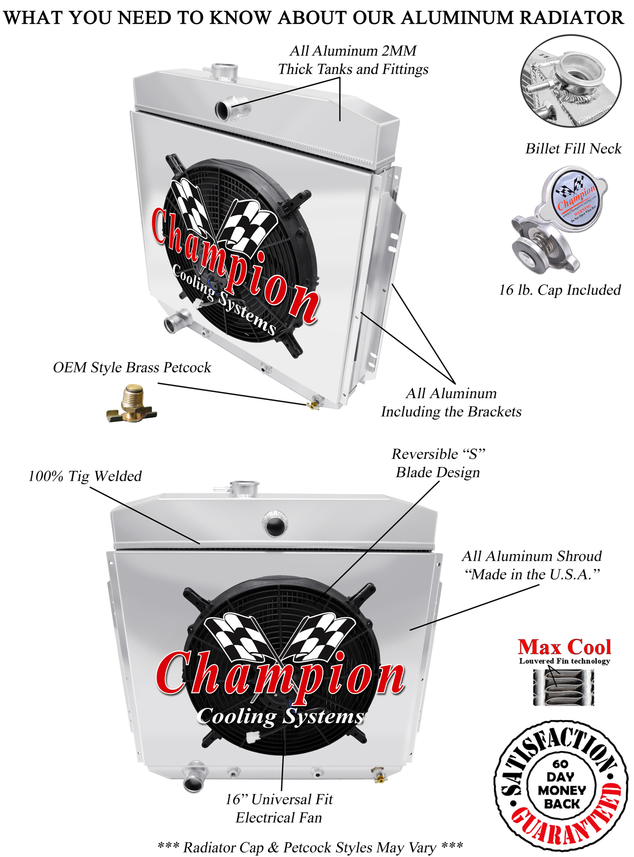 1957 58 59 1960 Ford F-100 3 Row Aluminum Champion SR Radiator W Shroud 16" Fan