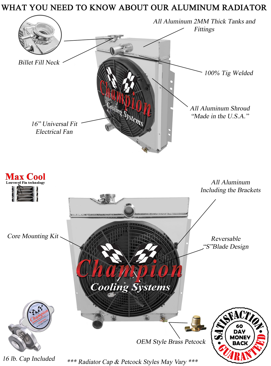 SR Champion 3 Row Radiator,16" Fan,Shroud for 1966-1977 Ford Bronco 6 Cyl Eng